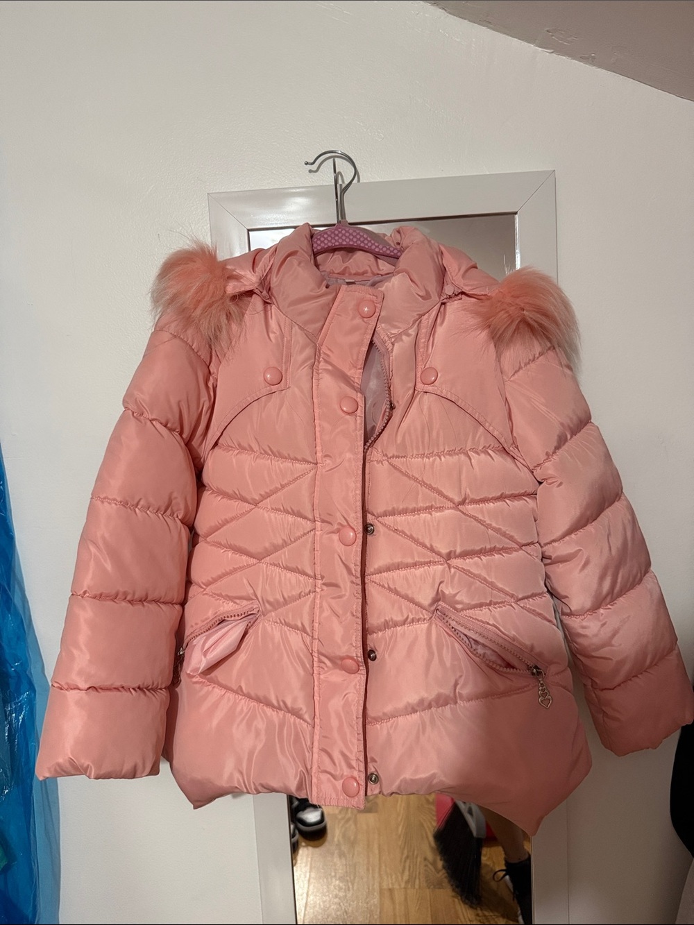 Girls' Pink Puffer Jacket with Faux Fur Trim